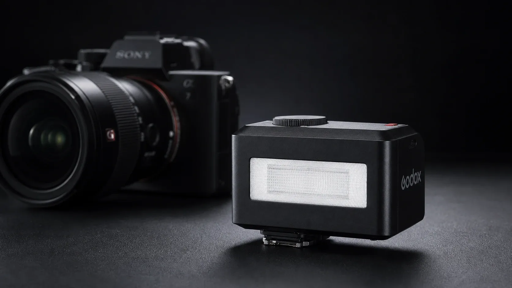 Compact black Godox mini flash unit placed on a dark surface with a Sony mirrorless camera blurred in the background, showcasing the flash's front panel and controls.